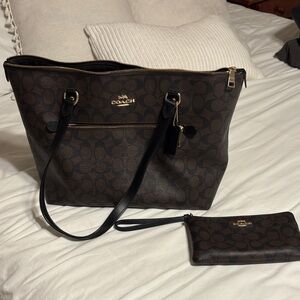 Coach Dark Brown Signature Tote with Black Accents and Bonus wristlet.